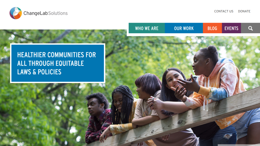 ChangeLab Solutions homepage with navigation and headline about healthier communities through equitable laws and policies