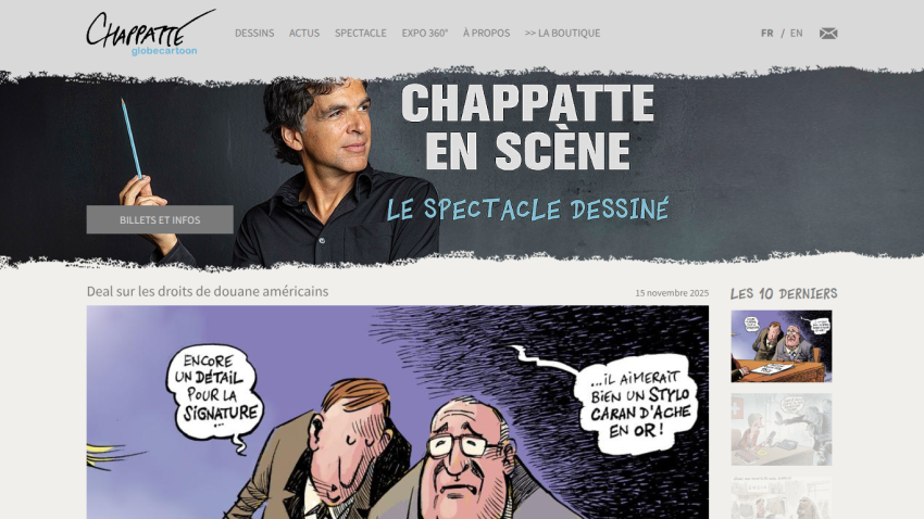 Chappatte en scène website with navigation, a man holding a pencil, and a cartoon about American customs duties dated November 15, 2025.