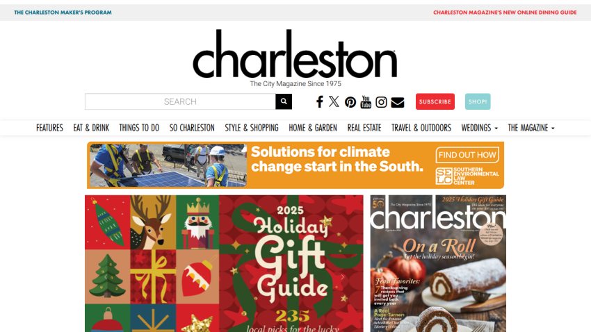 Charleston city magazine homepage with navigation, search, social icons, and holiday gift guide feature
