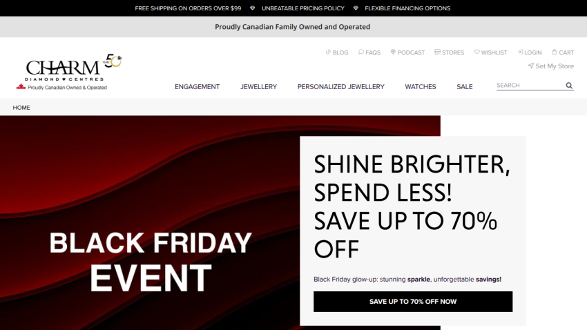 Charm Diamond Centres Black Friday event with up to 70% off, highlighting sparkle and savings