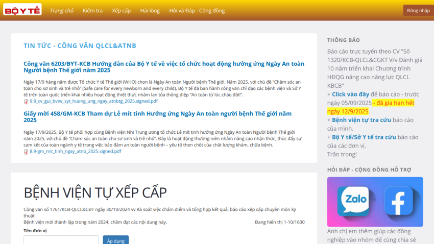 Vietnam Ministry of Health website showing news on World Patient Safety Day 2025 and hospital self-assessment section