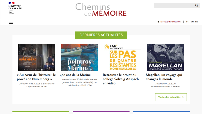 French Ministry of Armed Forces site showing latest news including Nuremberg trial, Marine painters, Solveig Anspach project, and Magellan exhibition