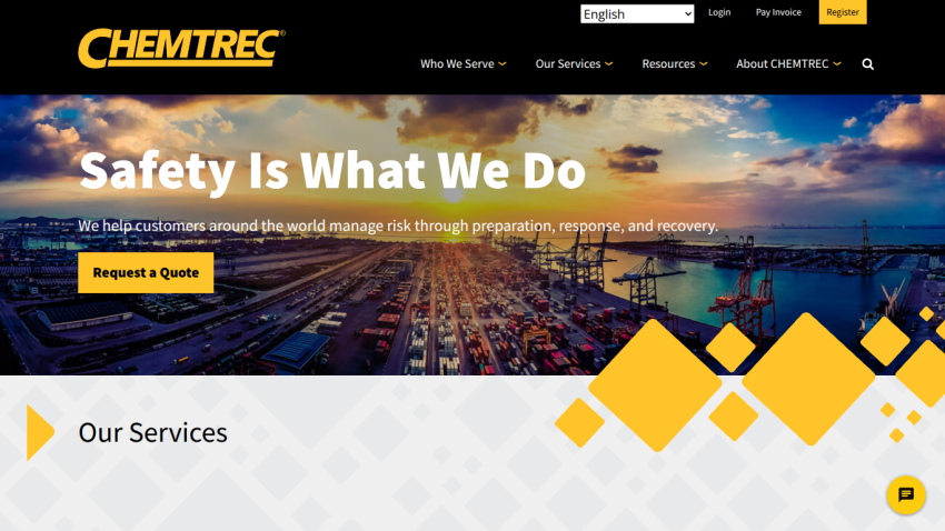 CHEMTREC homepage with navigation, safety message, and request a quote button over port sunset background