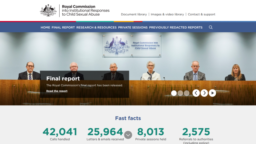 Royal Commission website with navigation, final report announcement, and fast facts on calls, letters, sessions, and referrals