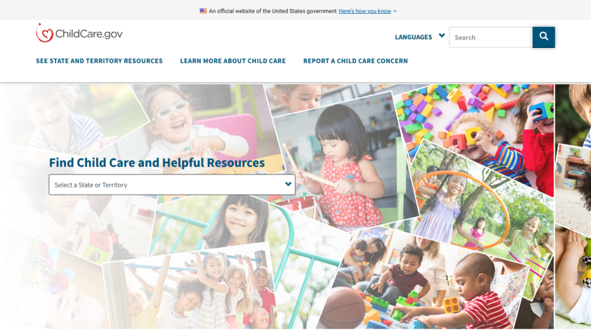 ChildCare.gov homepage with navigation links and a search tool for child care and helpful resources