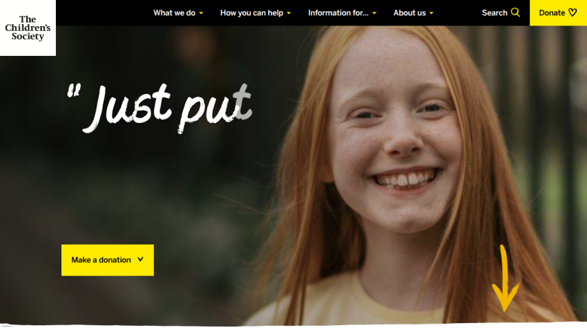 Homepage of The Children's Society featuring a smiling girl and a donation prompt.