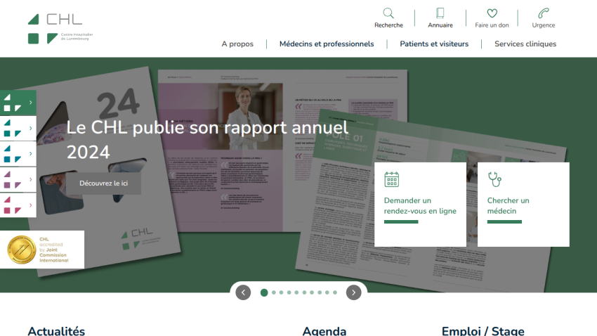 Centre Hospitalier de Luxembourg homepage featuring 2024 annual report announcement and options to request appointments or find a doctor