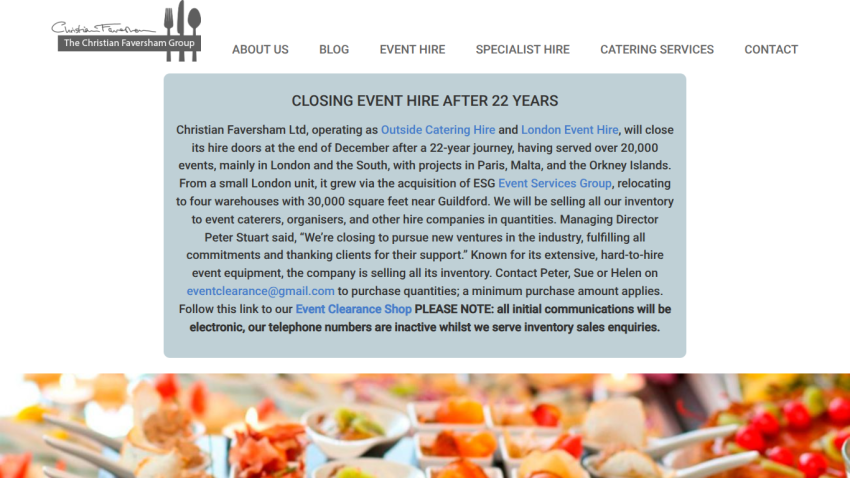 Website header and navigation for Christian Faversham Group with announcement about closing event hire after 22 years and inventory sale details.