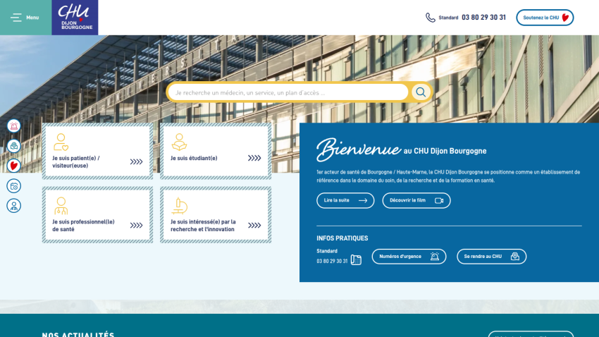Welcome page of CHU Dijon Bourgogne hospital with search bar, user category options, and practical info contacts