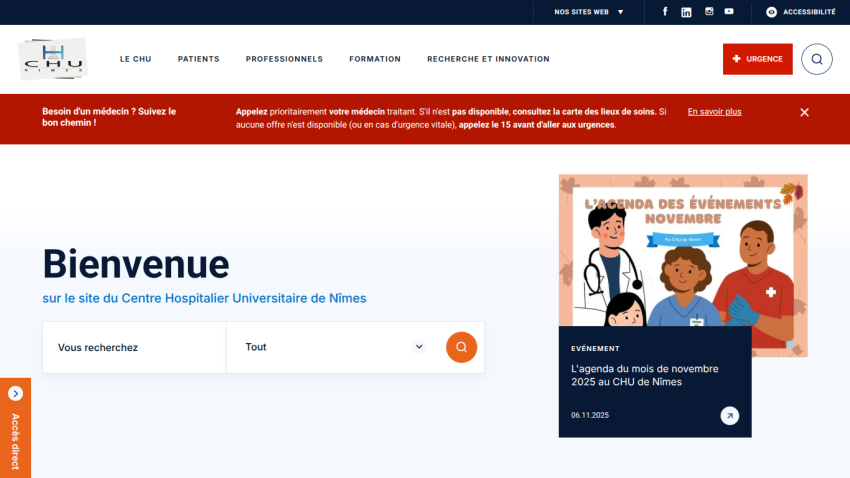 Welcome page of Centre Hospitalier Universitaire de Nîmes with navigation menu, search bar, and November 2025 event agenda