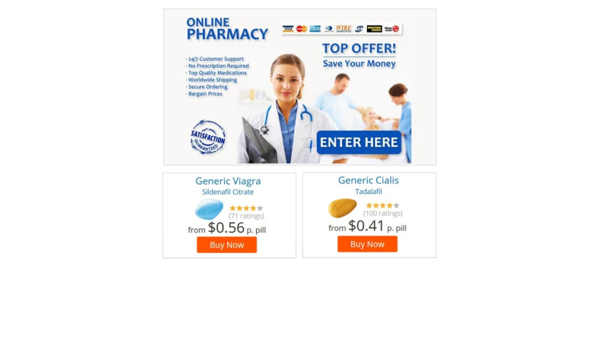 Online pharmacy homepage with top offer, customer support features, and generic Viagra and Cialis product listings with prices and ratings