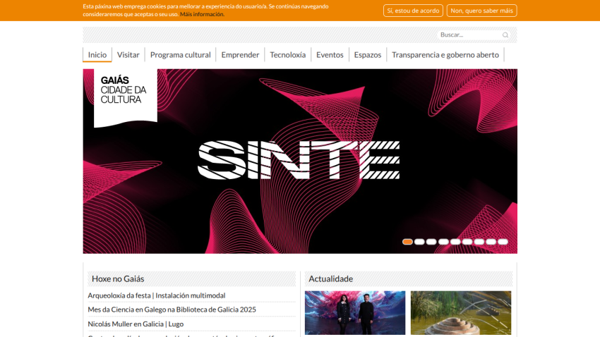 Gaiás Cidade da Cultura website with navigation menu and hero banner featuring SINTE event