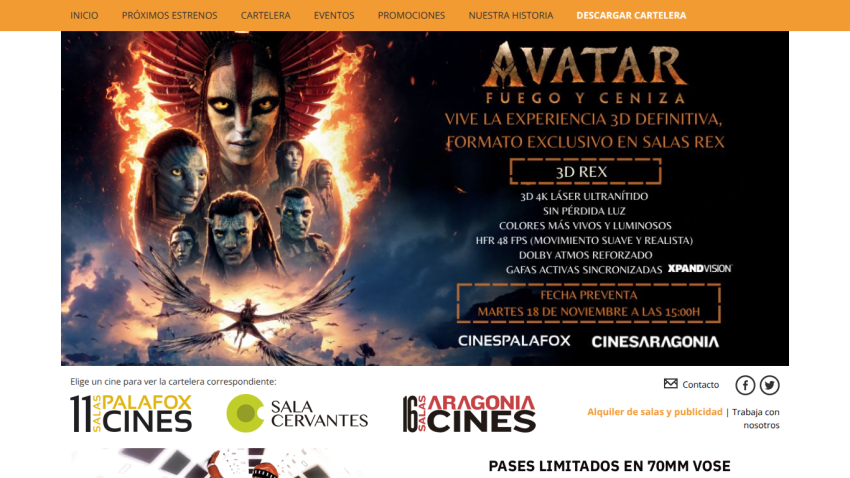 Promotional banner for Avatar: Fuego y Ceniza 3D experience at Cines Palafox and Cines Aragonia with pre-sale date and technical details