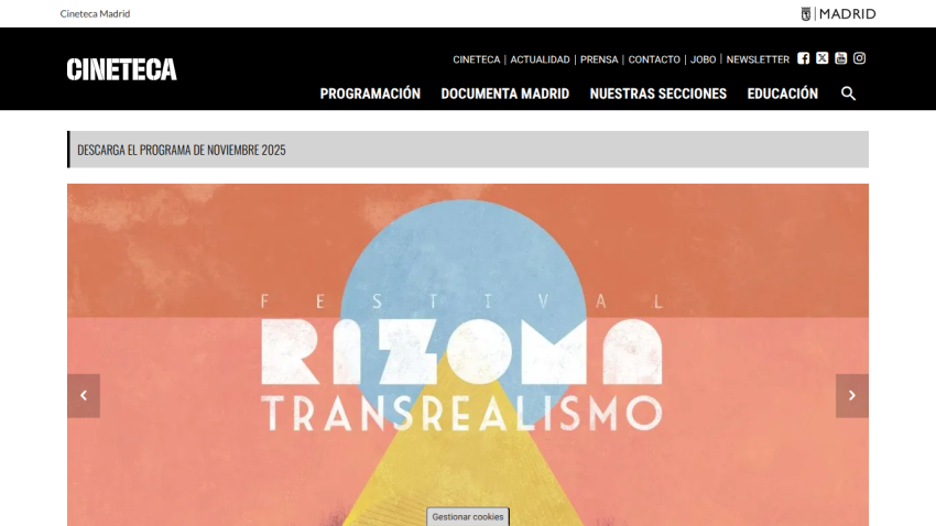 Cineteca Madrid website with navigation menu and hero image promoting Festival Rizoma Transrealismo