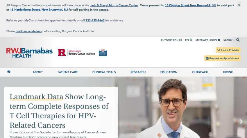 RWJ Barnabas Health Rutgers Cancer Institute homepage highlighting long-term T cell therapy responses for HPV-related cancers