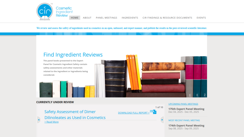 Cosmetic Ingredient Review homepage with navigation and featured ingredient safety assessment report