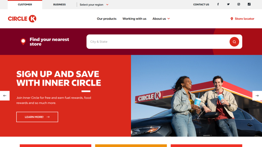 Circle K homepage featuring a promotional banner for Inner Circle membership.