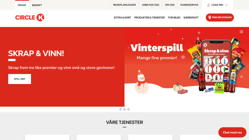 Circle K website with a winter scratch-and-win promotion offering many prizes and a button to play