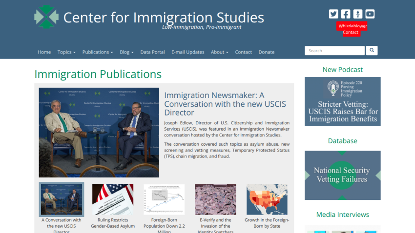 Homepage of Center for Immigration Studies featuring Immigration Publications and a podcast section.