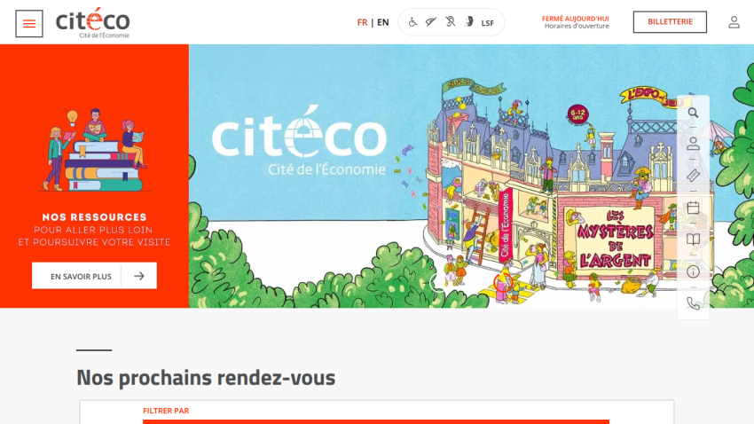 Homepage of Citeco Cité de l'Économie with resources section and illustration promoting Les Mystères de l'Argent exhibit
