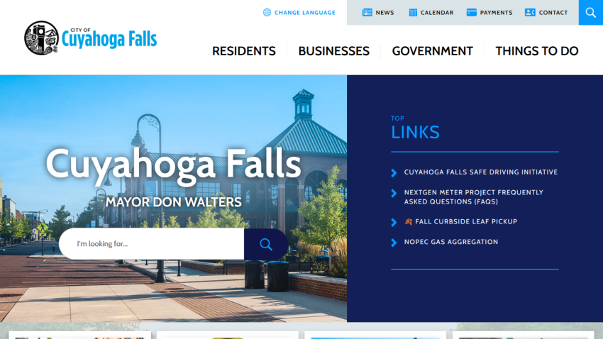 City of Cuyahoga Falls homepage with search bar, mayor's name, and top links for residents, businesses, government, and activities
