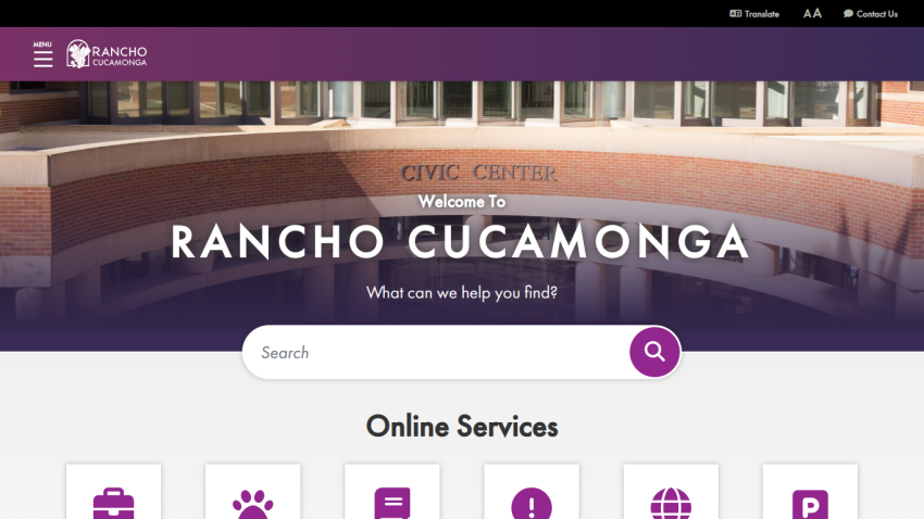 Rancho Cucamonga city website welcome page with search bar and online services icons