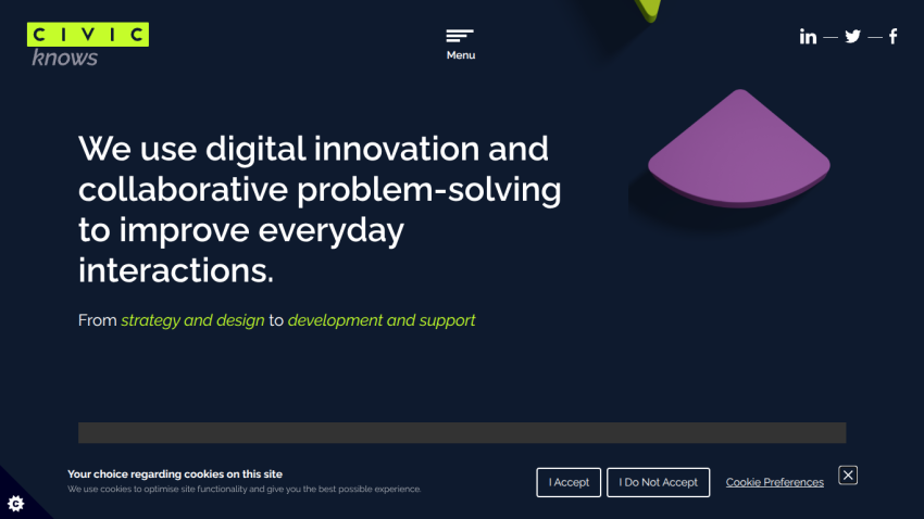 Civic Knows website with headline about using digital innovation and collaborative problem-solving to improve everyday interactions