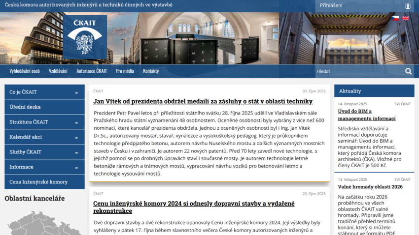 ČKAIT website with news articles about awards and events for authorized engineers and technicians in construction