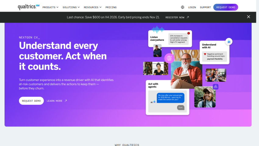 Qualtrics homepage with headline about understanding customers using AI, call-to-action buttons, and images of people and chat bubbles