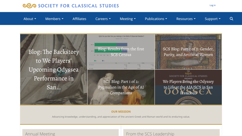 Society for Classical Studies homepage featuring navigation and blog highlights on classical studies topics.