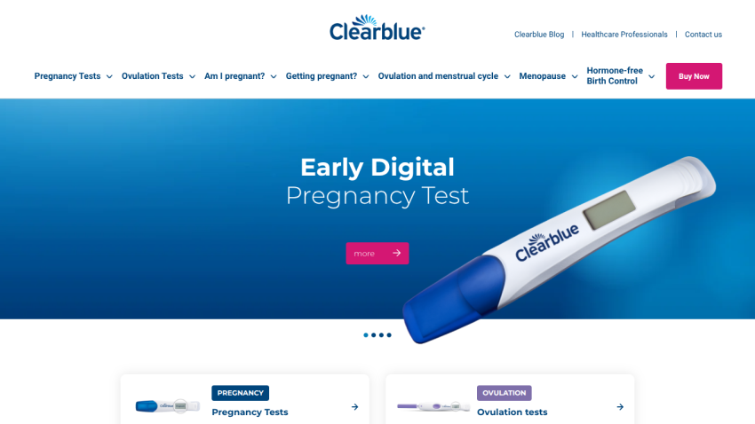 Clearblue Early Digital Pregnancy Test with navigation and product categories visible.