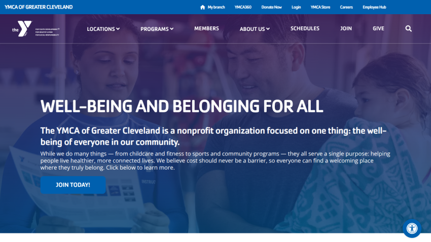 YMCA of Greater Cleveland homepage with navigation and a call to join highlighting community well-being and belonging