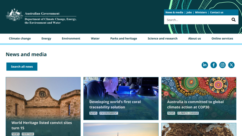 Australian Government Department of Climate Change news and media section with articles on heritage sites, coral traceability, and climate action
