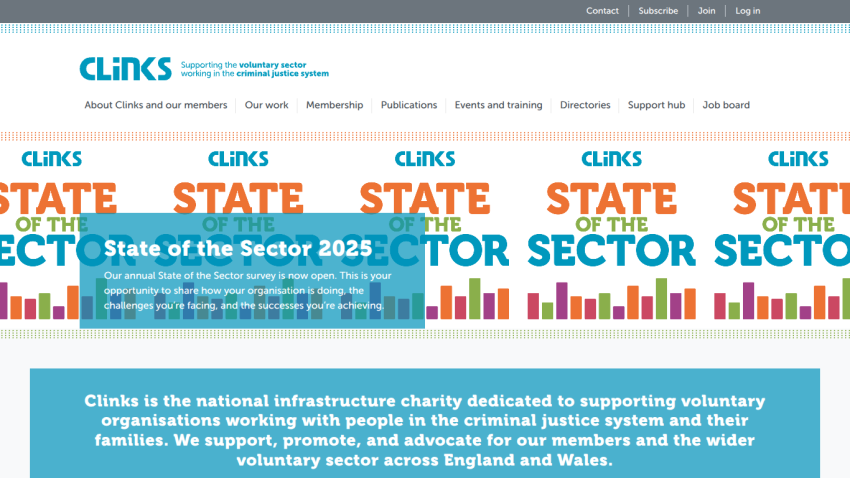 Clinks website header and navigation with a hero section promoting the State of the Sector 2025 survey for voluntary sector in criminal justice