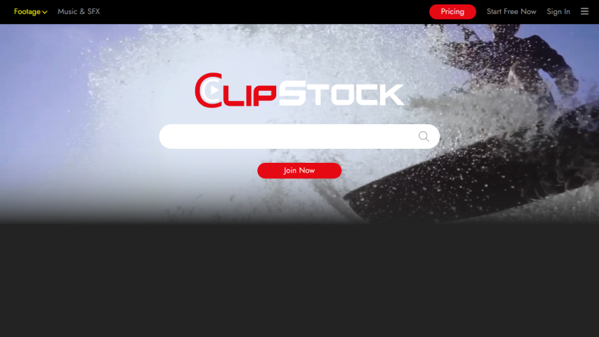 ClipStock homepage with starry night background, search bar, and join now button