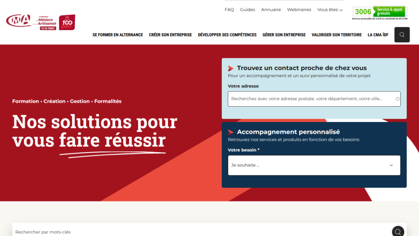 CMA Île-de-France homepage offering training, business creation, management solutions with personalized contact and support forms