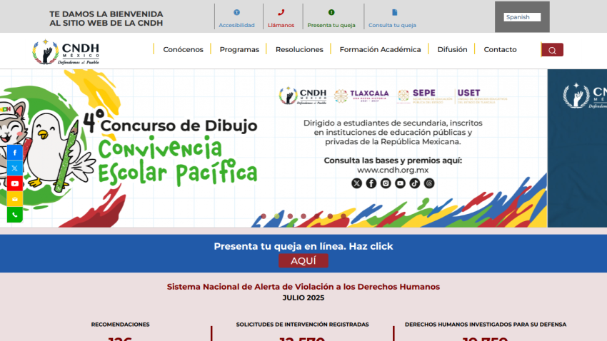 Website promoting a drawing contest for peaceful school coexistence, featuring colorful graphics and key information.