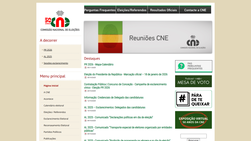 National Election Commission website with election calendar, news updates, and navigation menu in Portuguese