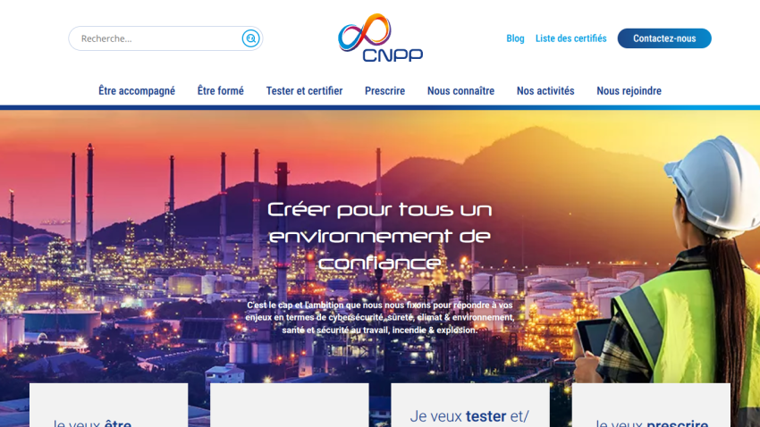 CNPP website homepage with navigation menu and hero section about creating a trusted environment in cybersecurity, safety, climate, and work health