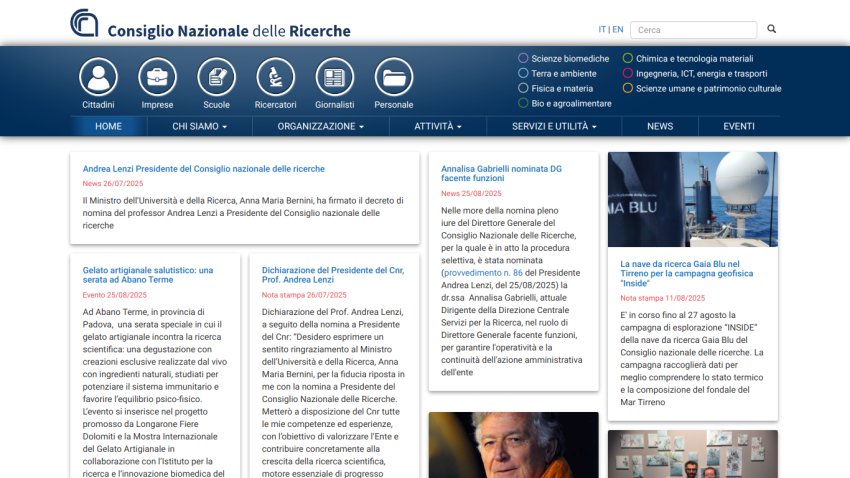 Homepage of the National Research Council with news articles and navigation menu.