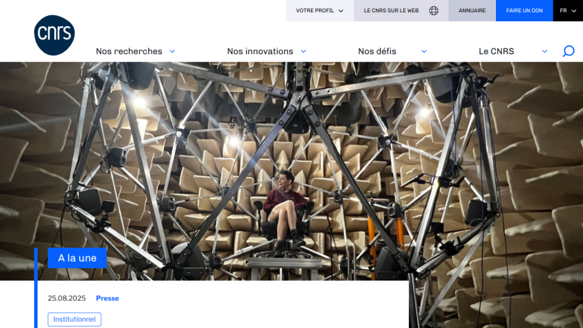 Homepage of CNRS featuring a woman in an acoustic chamber, highlighting research innovations.