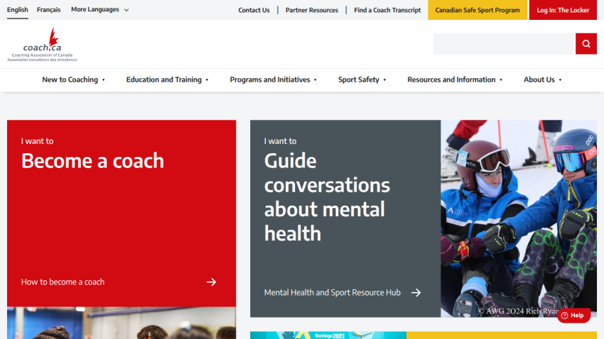Coaching website homepage with options to become a coach and guide conversations about mental health, featuring sports imagery.