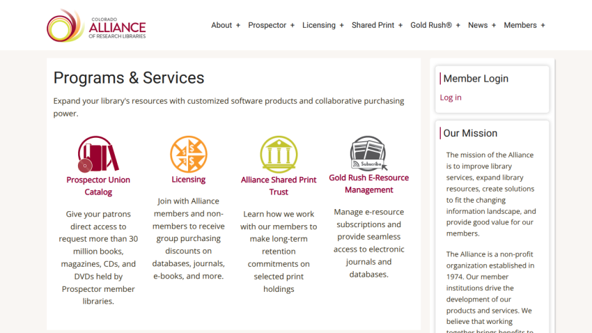 Colorado Alliance of Research Libraries programs and services overview with member login and mission statement