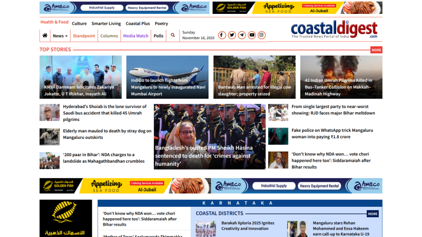 Coastal Digest news portal homepage showing top stories on politics, accidents, and local events with navigation and date