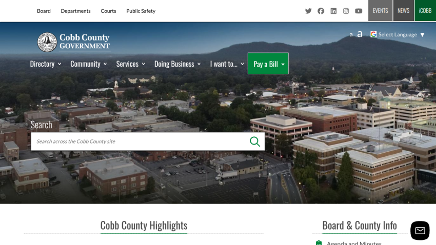 Cobb County Government homepage with search bar and highlights section.