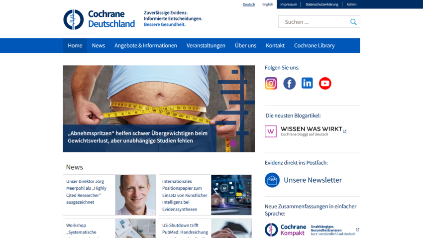 Cochrane Deutschland homepage with health evidence focus, navigation menu, hero image about weight loss, and latest news and newsletter signup.