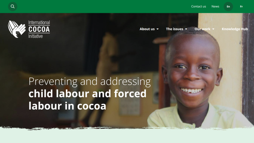 International Cocoa Initiative website header with navigation and message on preventing child and forced labour in cocoa