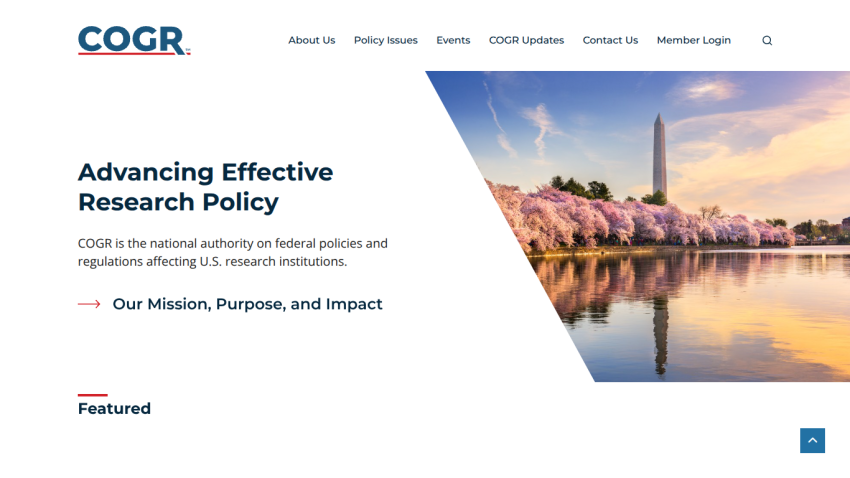 COGR homepage with navigation links and hero section about advancing effective research policy with a Washington Monument image