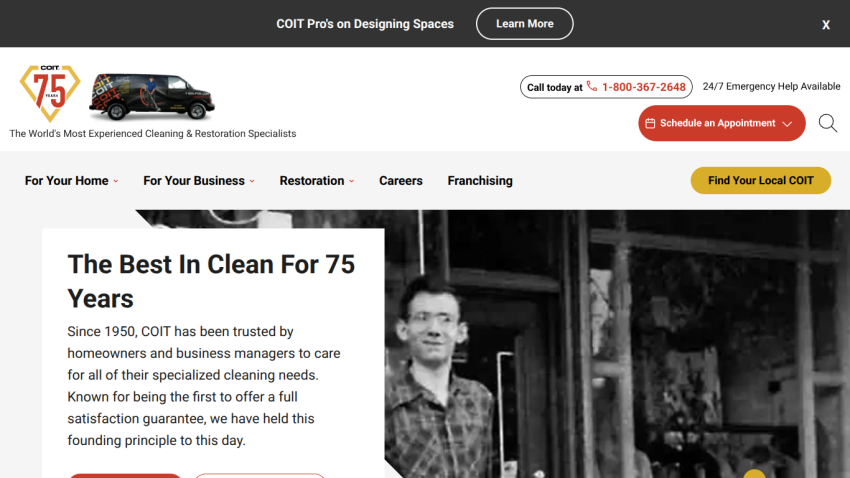 COIT cleaning service homepage highlighting 75 years of experience and satisfaction guarantee with contact and appointment options