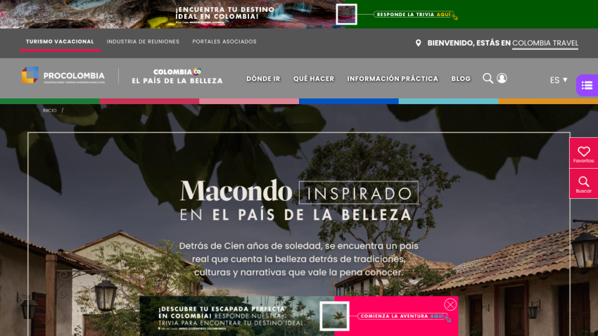Homepage featuring 'Macondo' with a scenic image and descriptive text about beauty in Colombia.